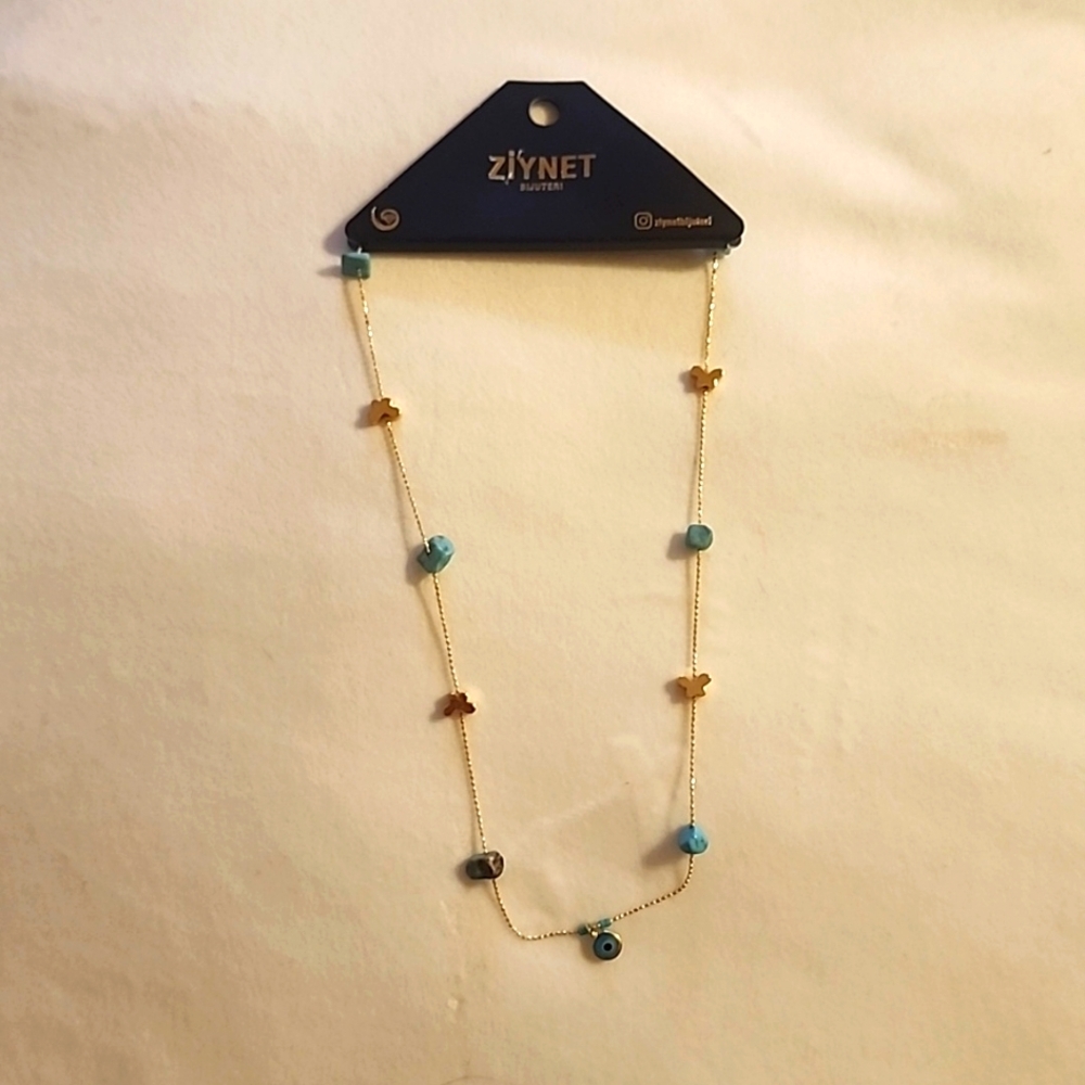 Necklace, evil eye with butterflies and blue stones